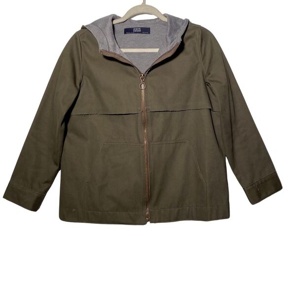Zara Jackets & Blazers - Zara Olive Green Hooded Jacket Denim Zip Utility Boxy Small